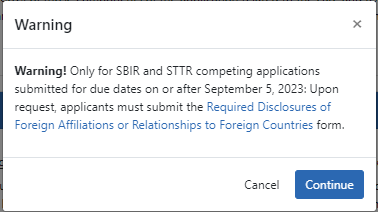 Acknowledgement for submission of SBIR/STTR Foreign Disclosure Form
