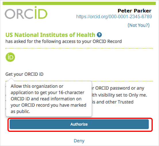 screenshot of the ORCID window requesting authorization to get the ORCID number