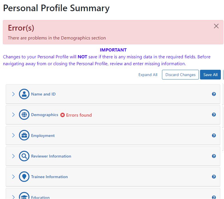 Main section of profile summary page with incomplete information