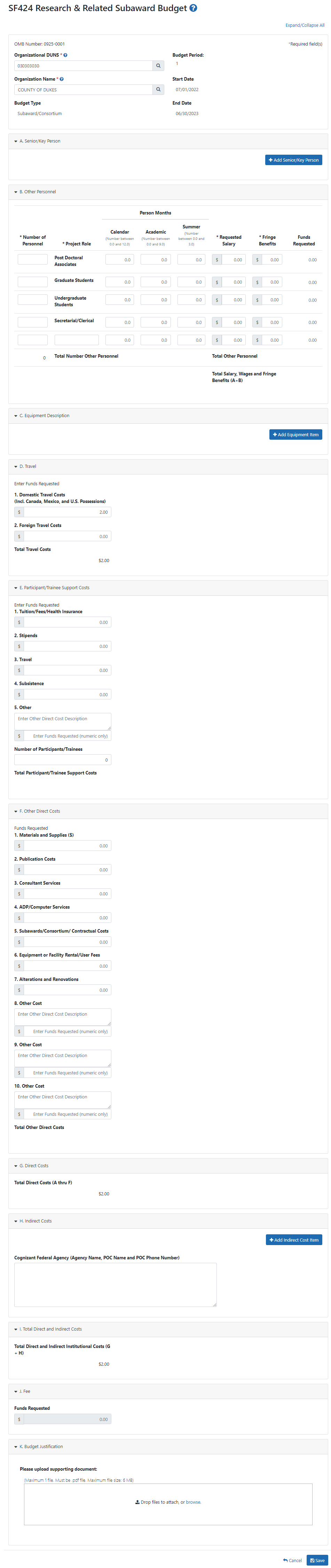 SF424 Research & Related Subaward Budget form