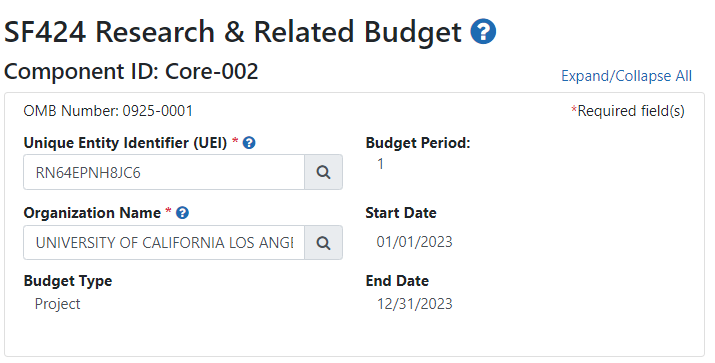 Budget form for component with editable UEI and Organization name