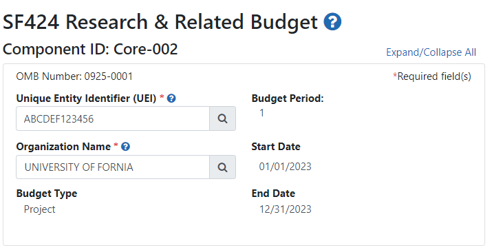Budget form for component with editable UEI and Organization name Budget form for component with editable UEI and Organization name