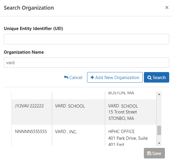 Search Organization screen, which populates both the UEI and the Organization Name in Budget