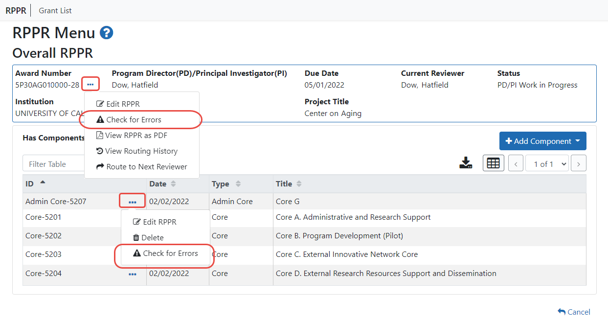 Check for Errors options for Overall and other component