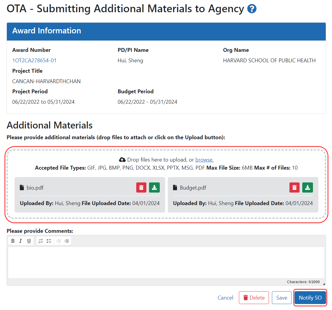 OTA - Submitting Materials to Agency screen with Upload and Notify SO buttons outlined
