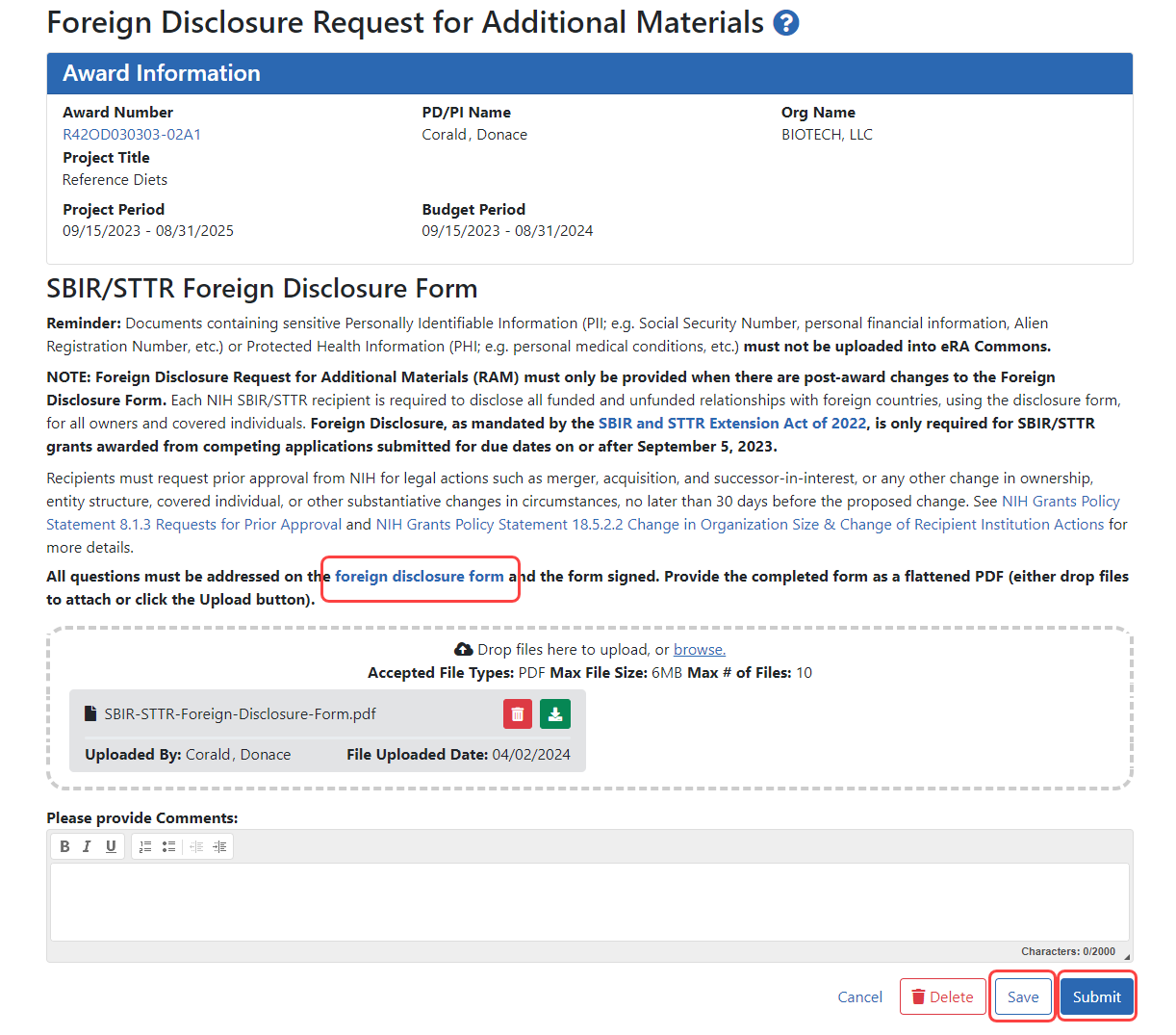 Foreign Disclosure Request for Additional Materials screen, showing Save (for PI) and Submit (for SO) buttons, as well as a link to find the PDF form. 