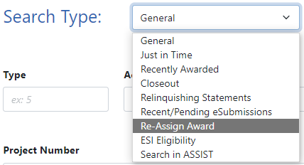 Search Type dropdown for SOs showing Re-Assign Award search option