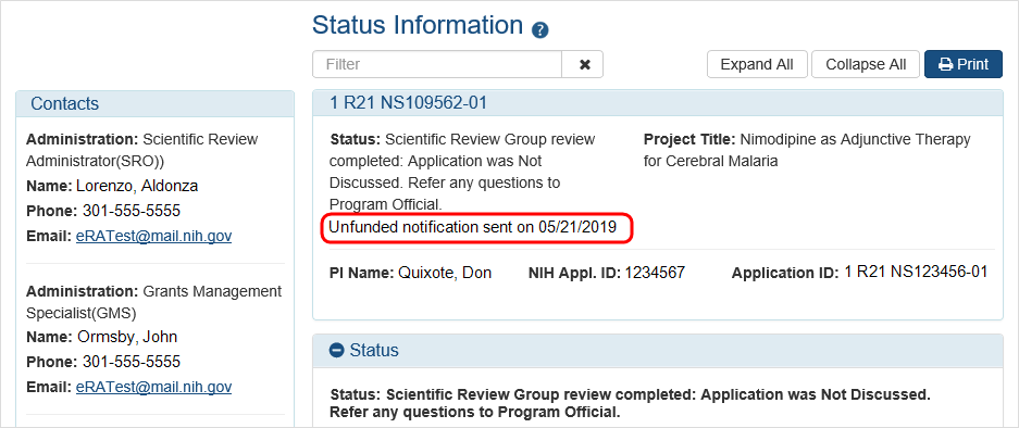 screenshot of the Status Information screen for an unfunded application showing date of email notification