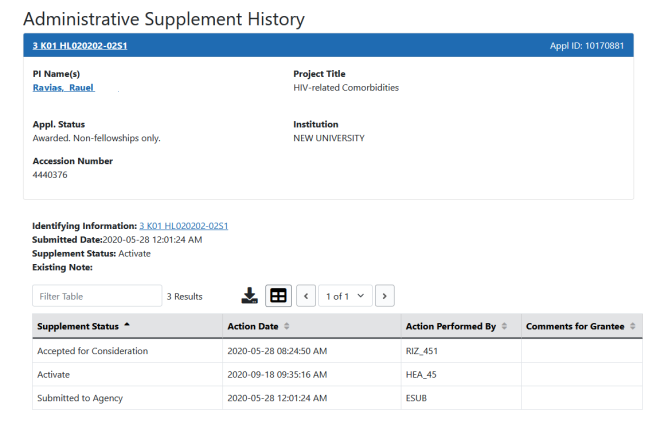 Sample Administrative Supplments History screen from Status Information