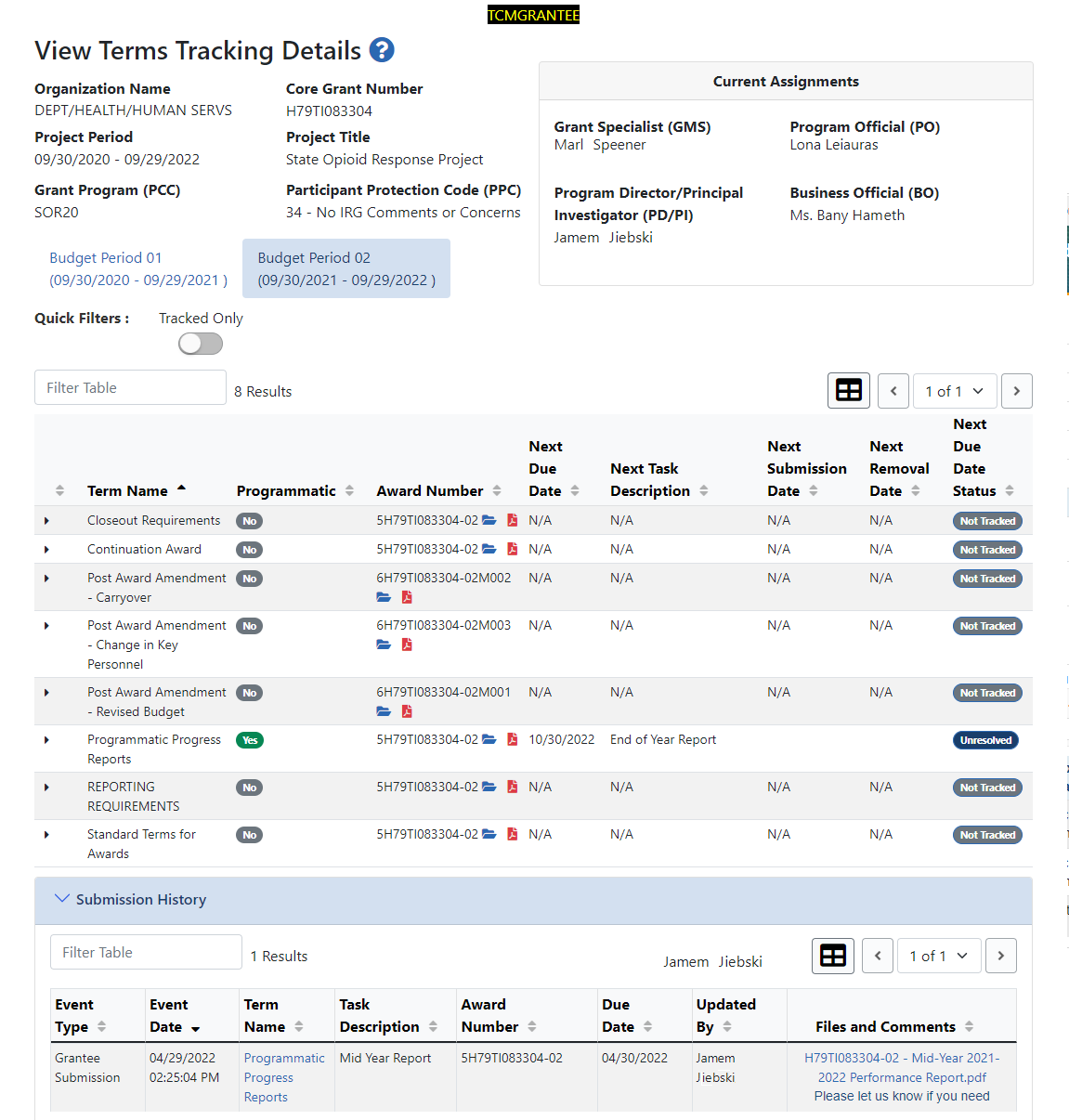 View Terms Tracking Details screen