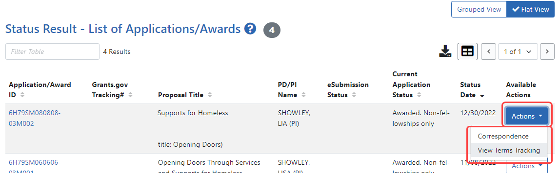 Flat view of application list with the View Terms Tracking button indicated