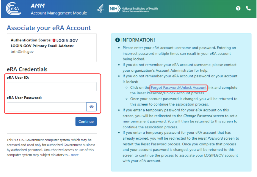 Associate your eRA Account screen