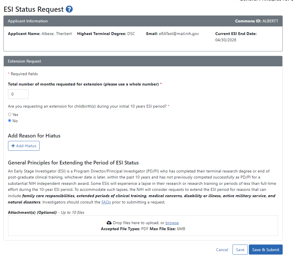 the ESI Status Request page