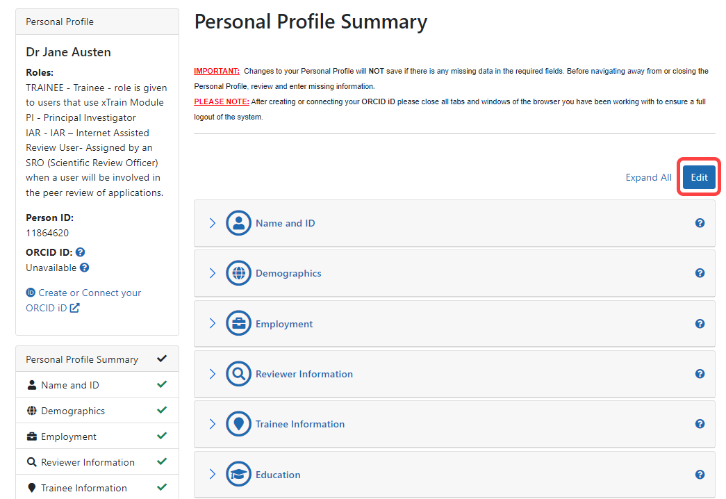 screenshot showing a Personal Profile screen with the Edit option for Education circled