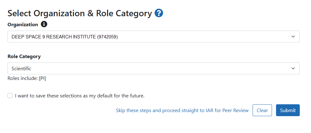 Select Organization & Role Category screen