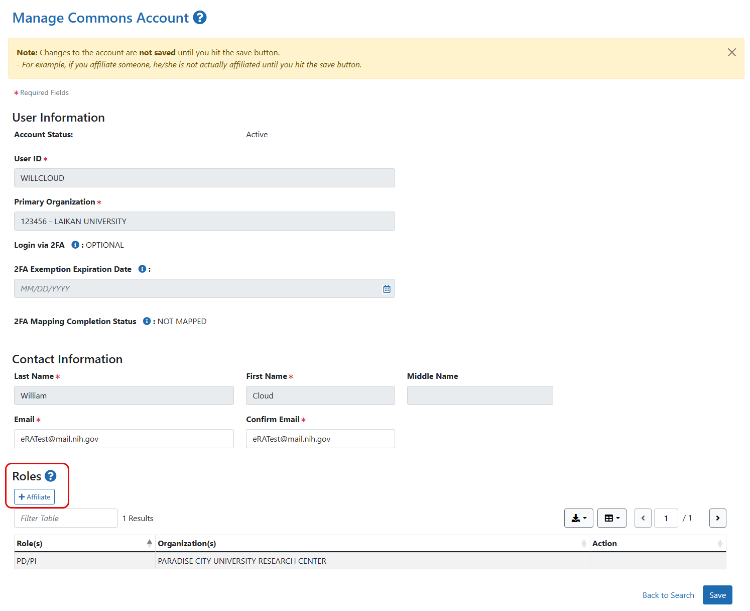 The Manage Commons Account screen showing the +Affiliate button