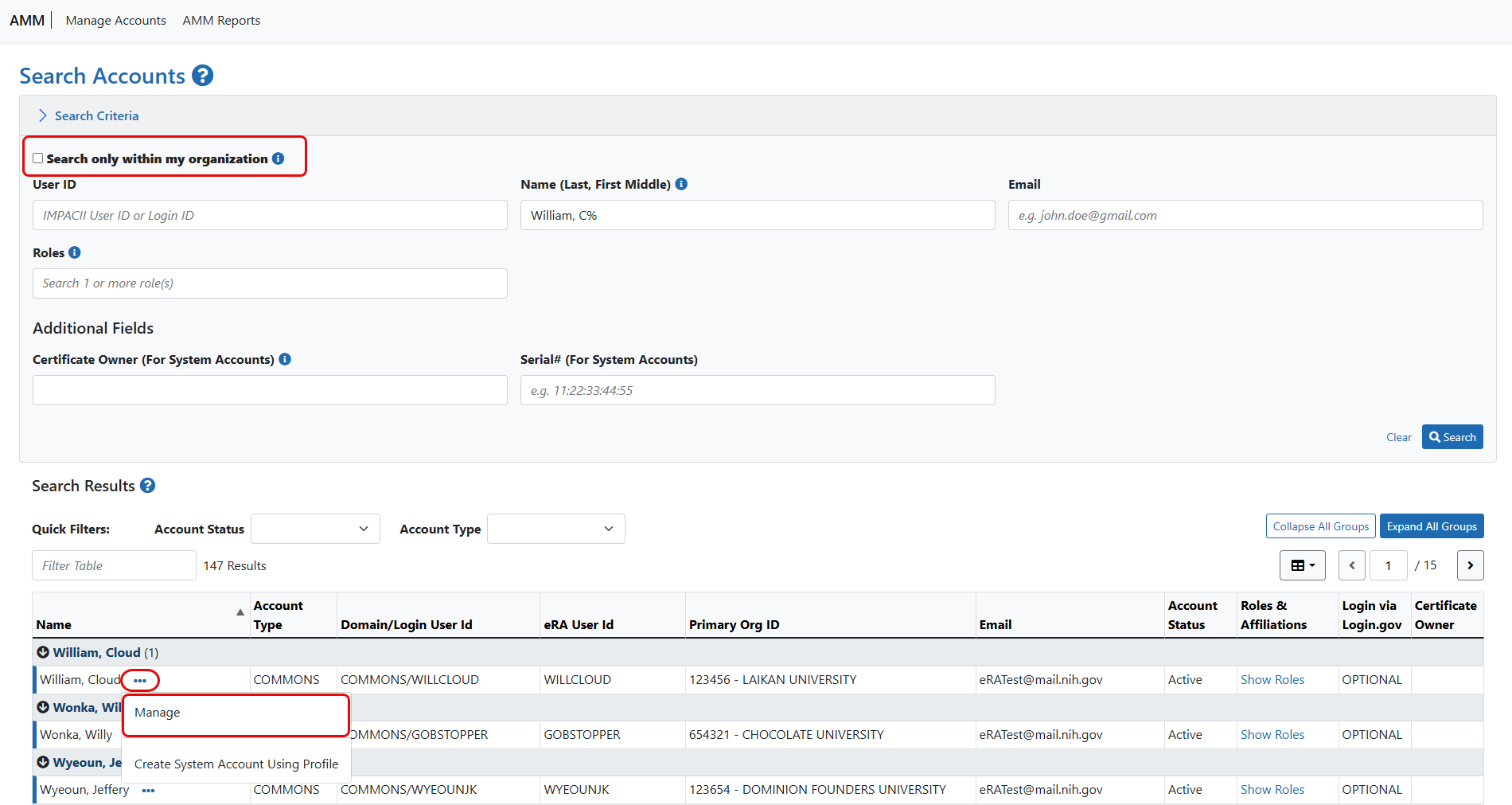 Search Accounts screen with search results showing the Manage action option