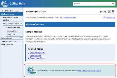 Online help showing a feedback section with an email link to the eRA Communication Office
