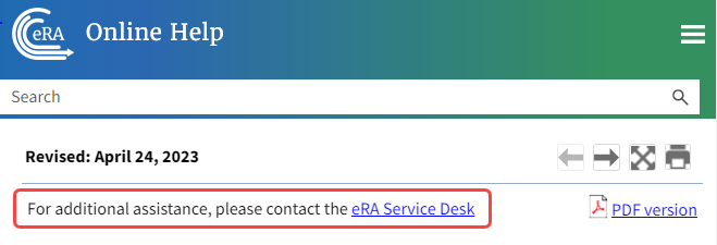 Online help showing link to eRA Service Desk