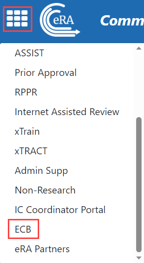 Apps menu with ECB highlighted