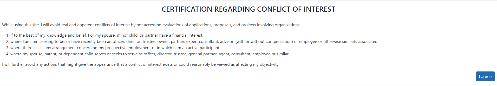 Certification Regarding Conflict of Interest screen