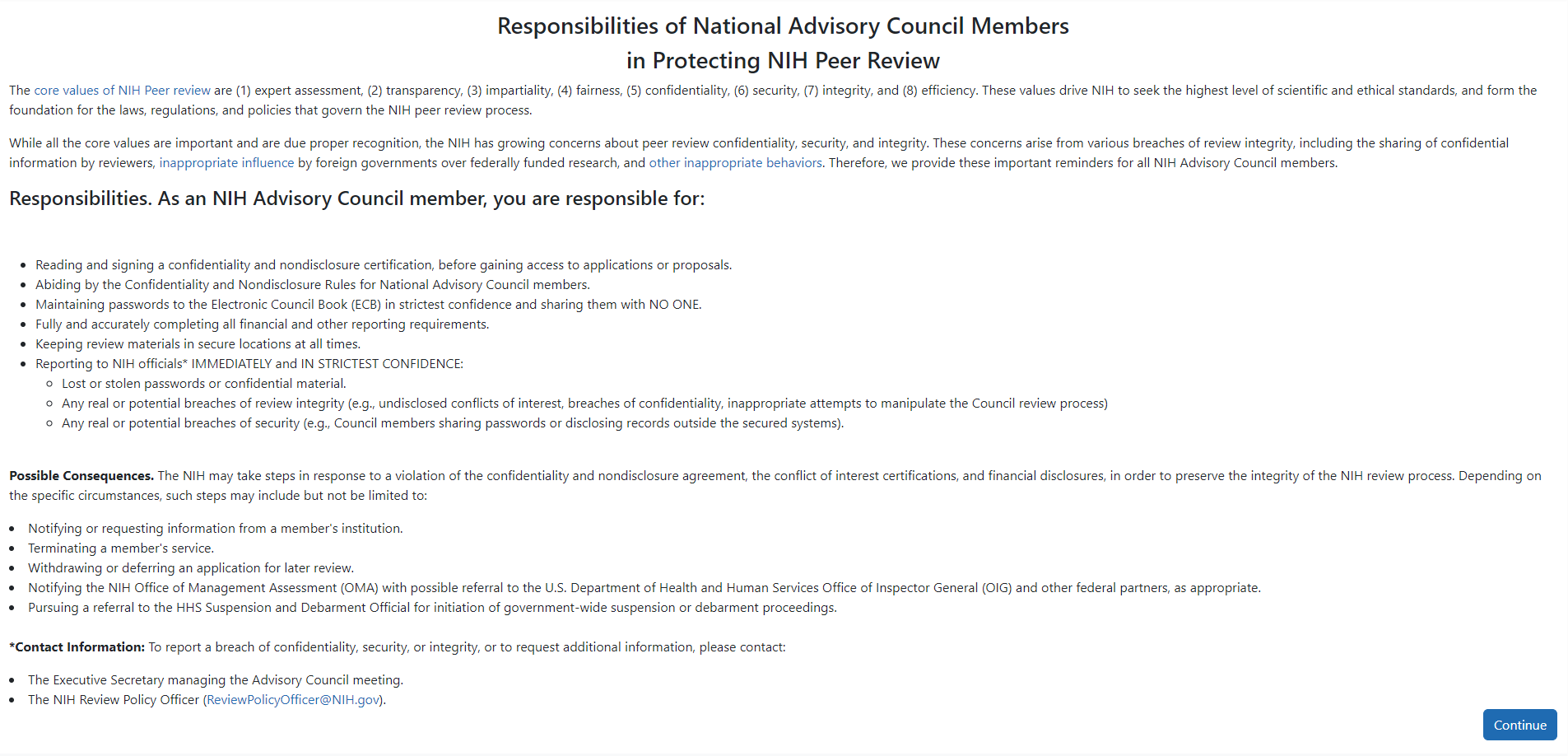 Responsibilities of National Advisory Council Members in Protecting NIH Peer Review screen