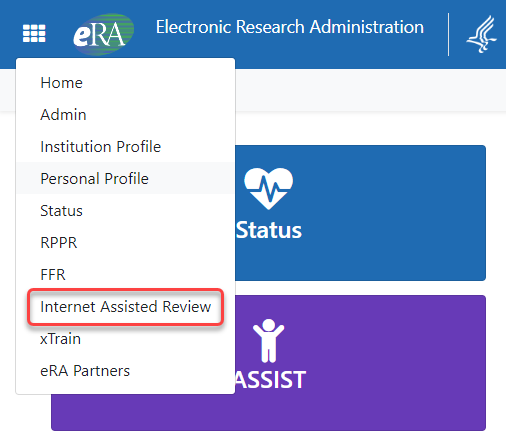 eRA Commons app icon showing the drop-down menu when clicked