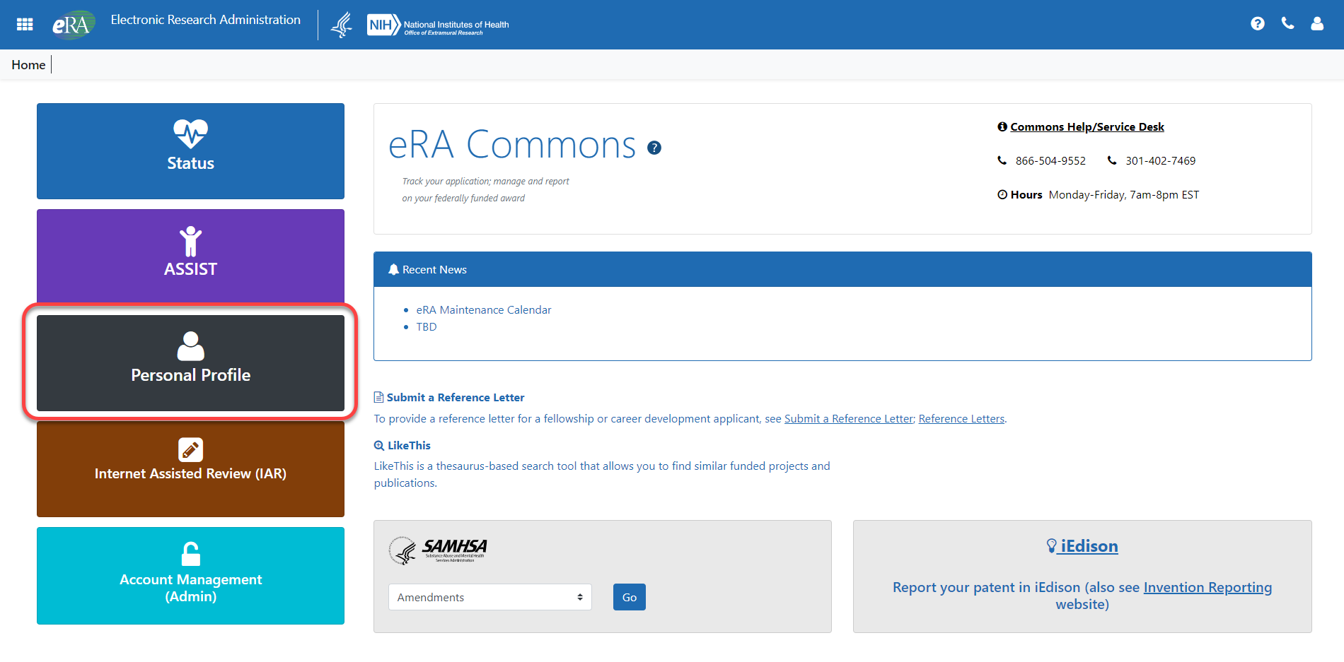 eRA Commons landing page showing the Personal Profile button