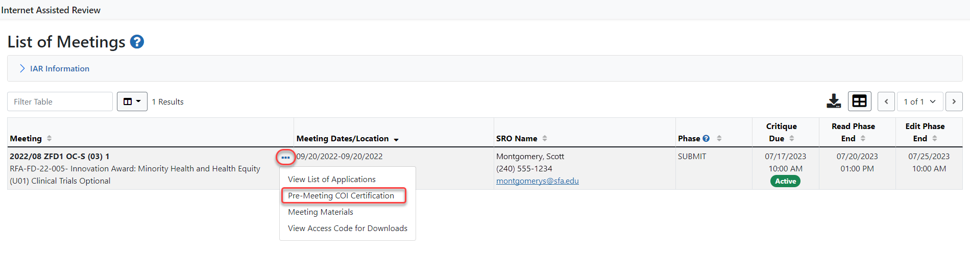 Action links under the three-dot ellipses icon on List of Meetings screen