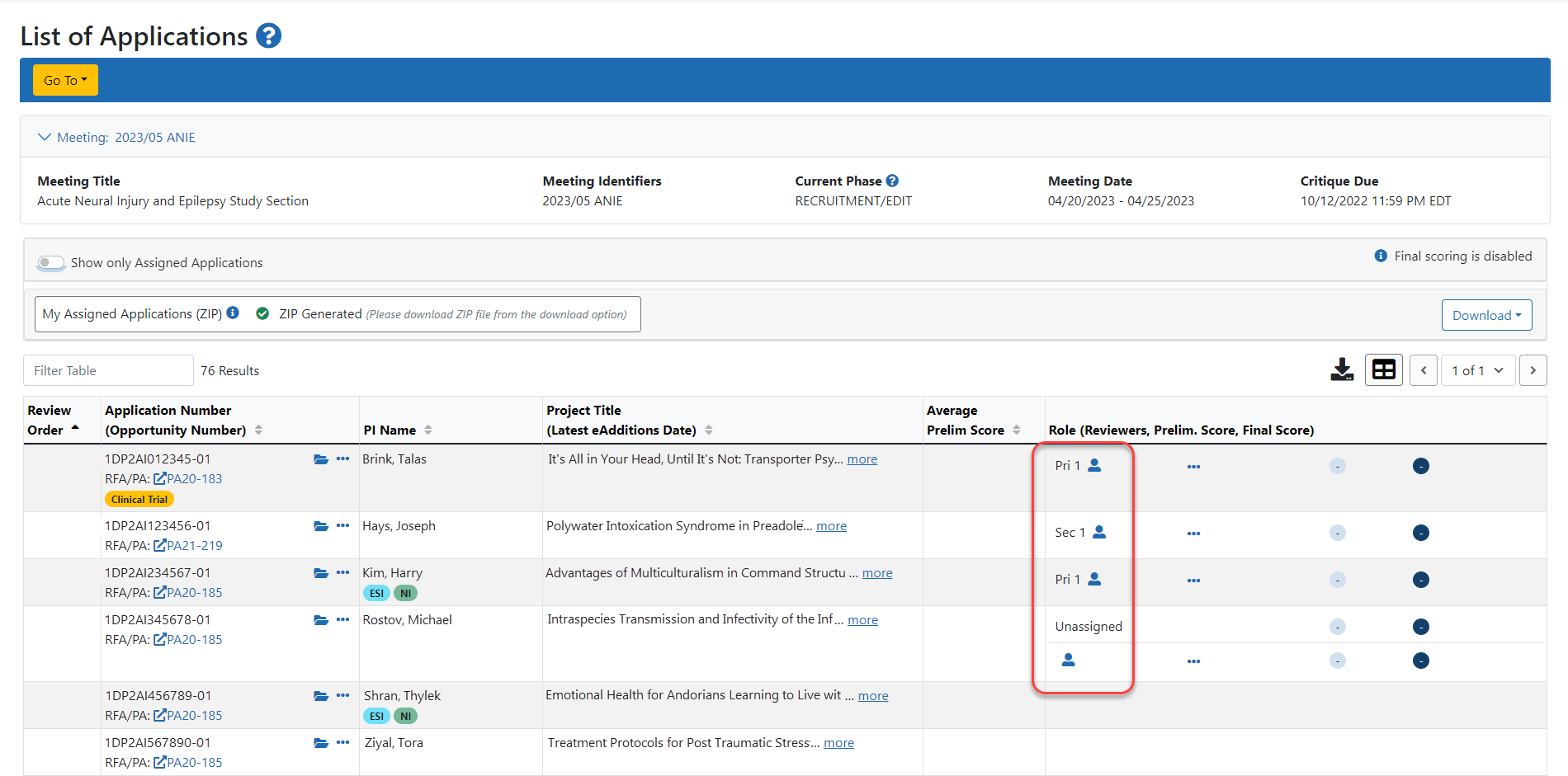 Assignment roles in List of Applications screen