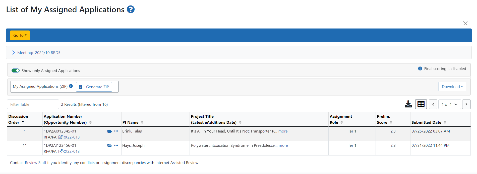 List of Application screen, SUBMIT phase