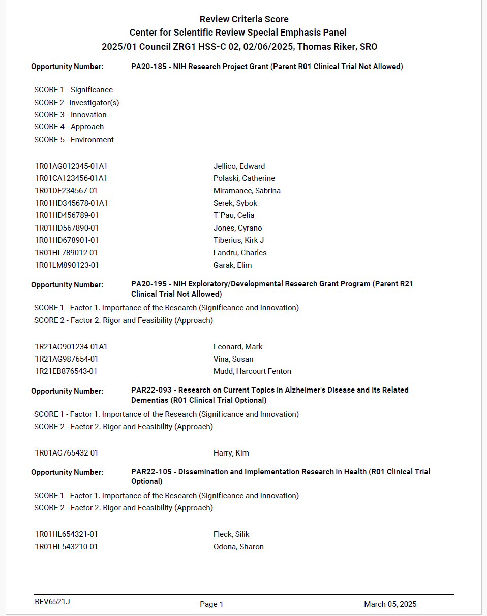 Sample Review Criteria Score Labels report