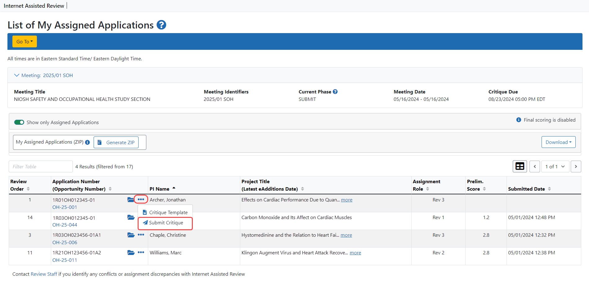 Submit links on List of All Applications screen.