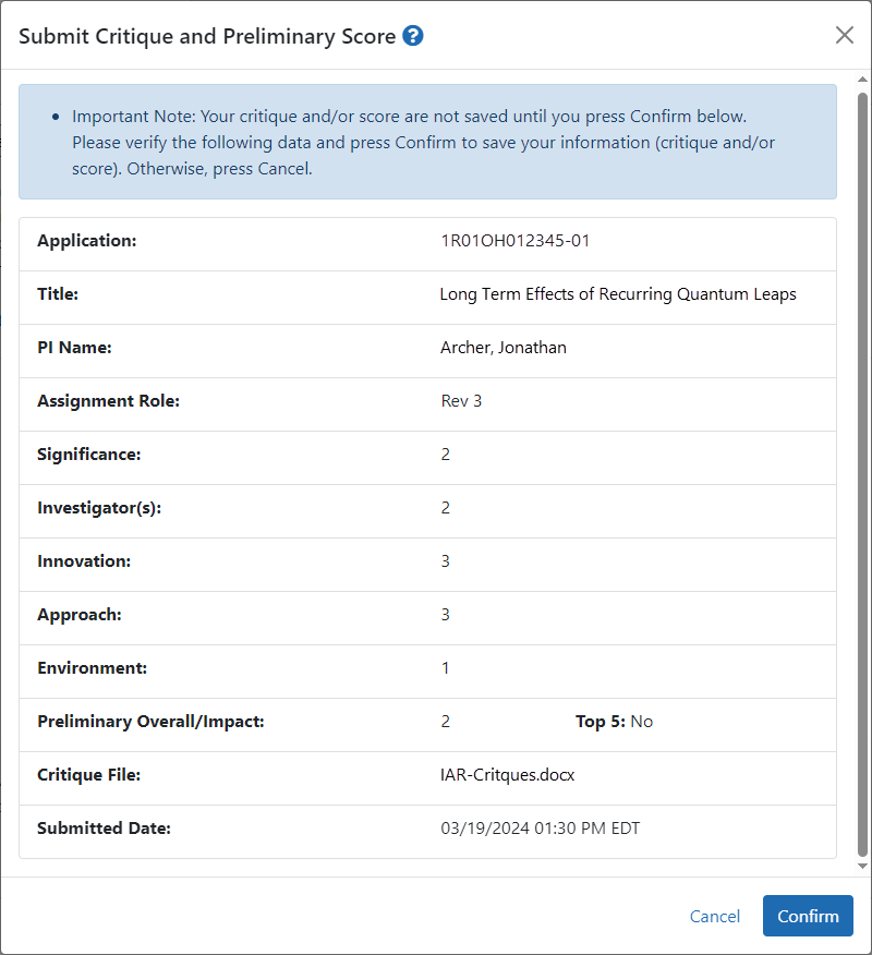 Confirmation for submitting critique and preliminary scores.