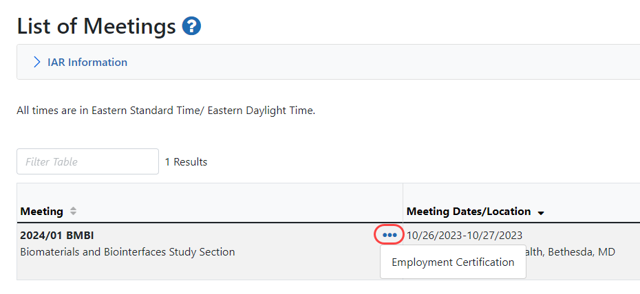 Three-dot ellipsis icon showing the Employment Certification link