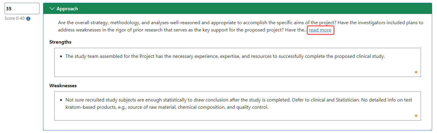 Data entry area under a critique heading 