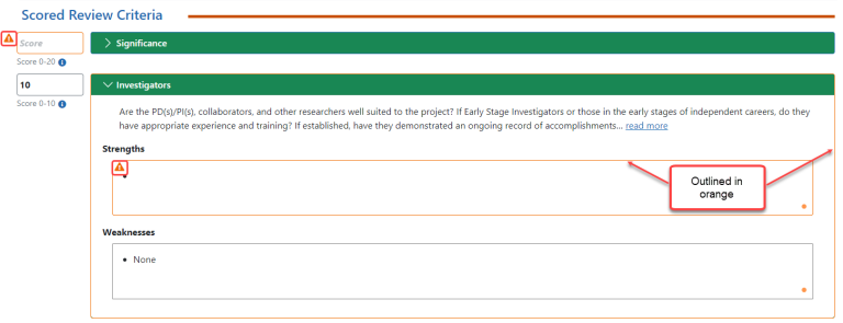 Incomplete entry showing orange outline and warning icon Incomplete entry showing orange outline and warning icon