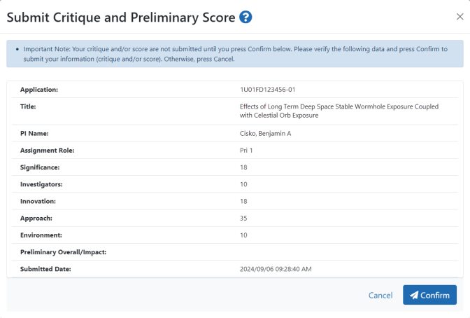 Submit Critique and Preliminary Score window
