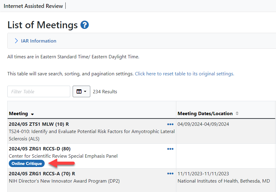 List of Meetings screen showing the Online Critique icon for meetings configured for online critiques