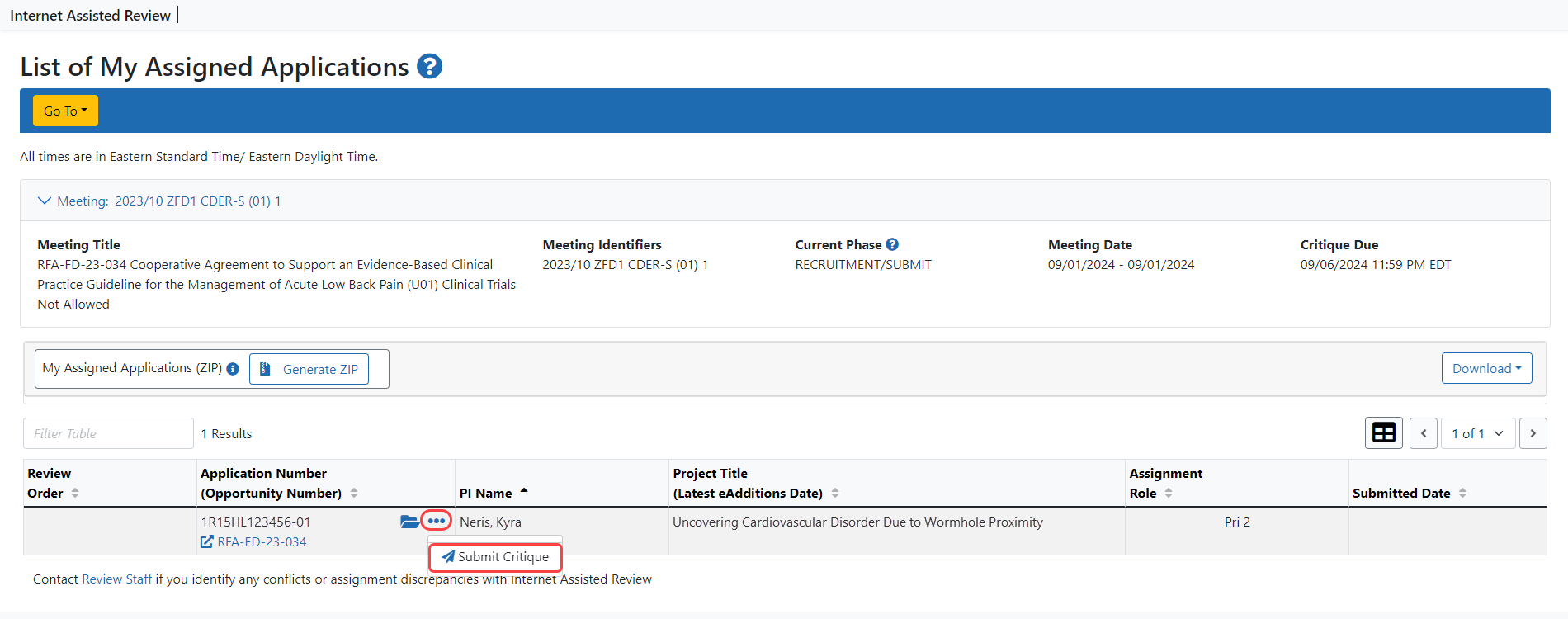 List of My Assigned Applications screen showing the submit link