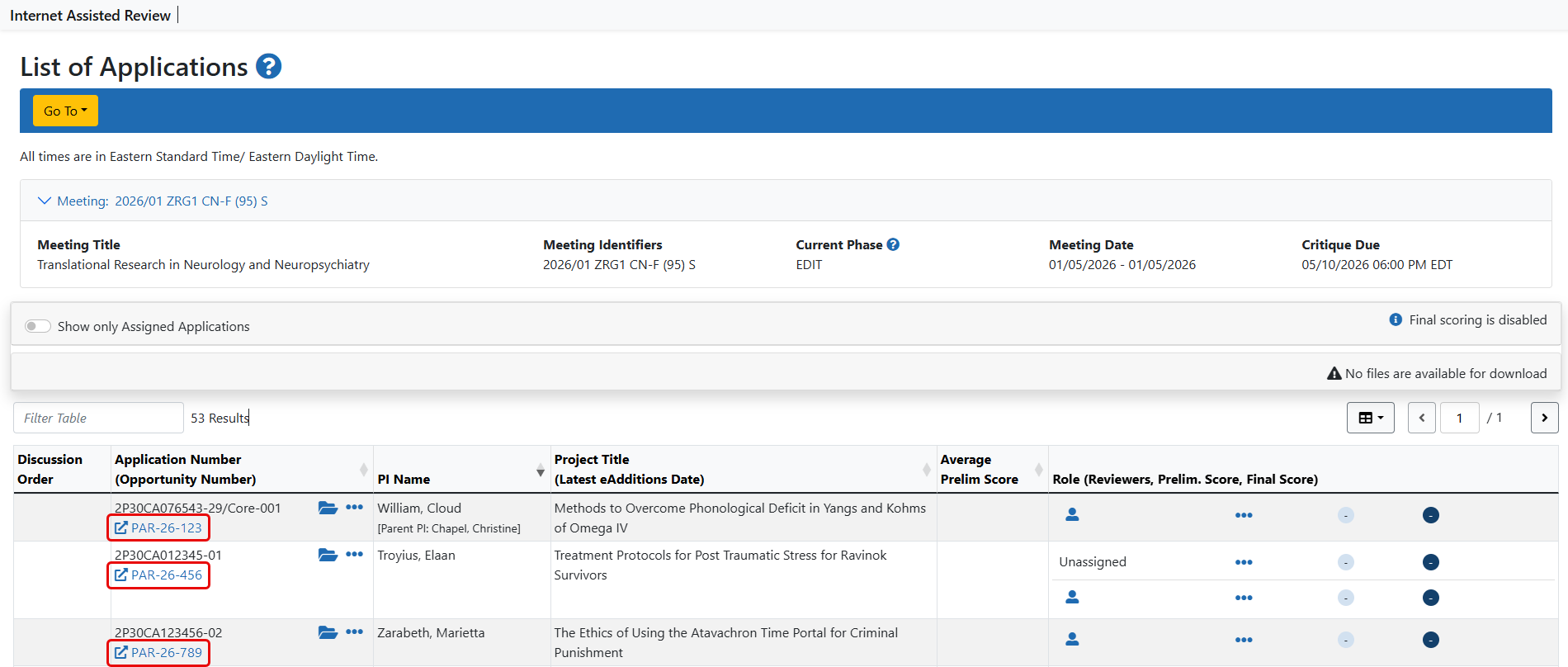 List of Applications screen showing the link to the NOFO information