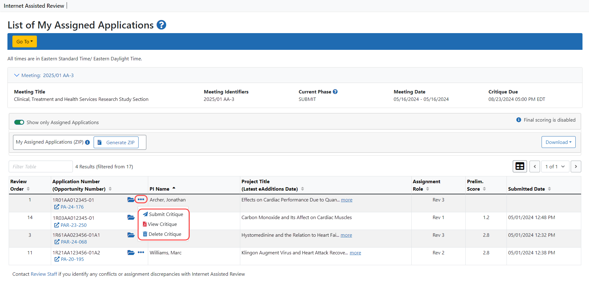 List of My Assigned Applications showing submit, view, and delete links.