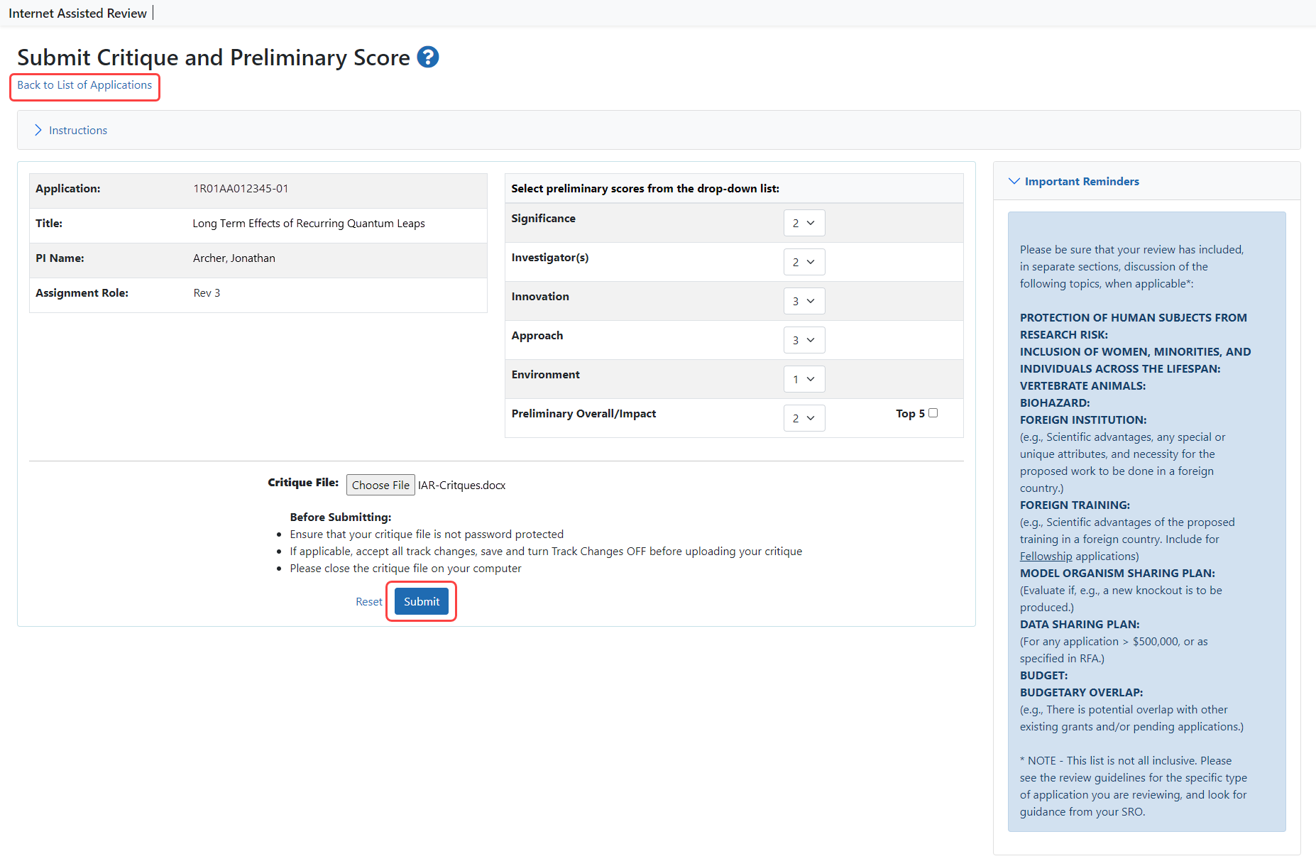 Submit Critiques and Preliminary Scores screen