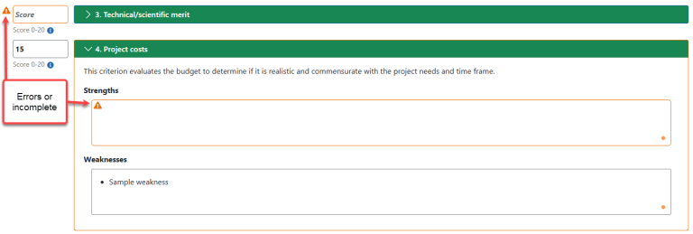Incomplete entry showing orange outline and warning icon