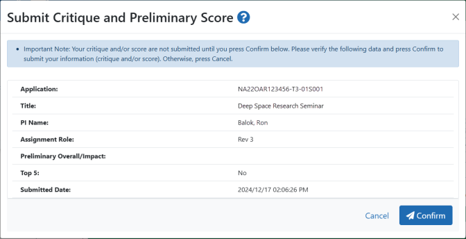 Submit Critique and Preliminary Score confirmation window