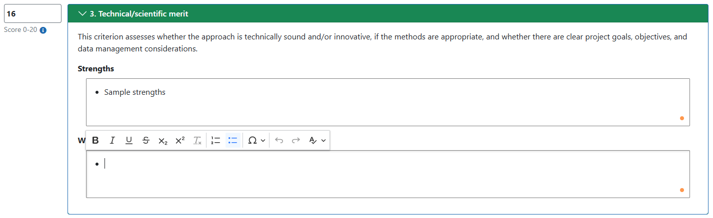 Data entry area under a critique heading 