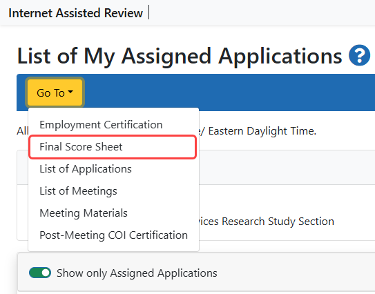 The Go To menu on the List of My Assigned Applications screenshow the Final Score Sheet option