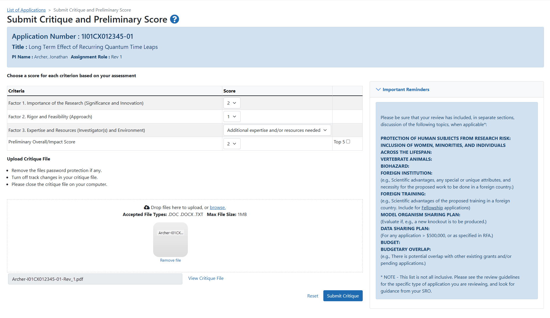 Submit Critiques and Preliminary Score screen for SRF opportunities