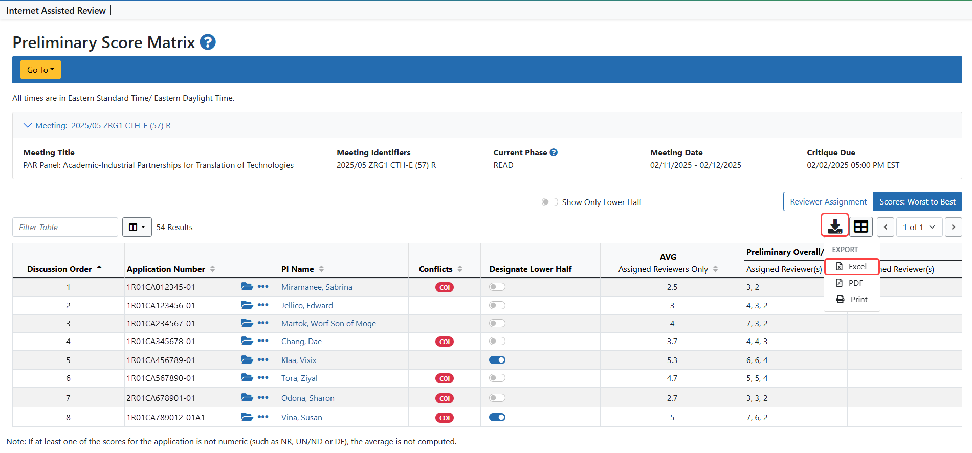 Preliminary Score Matrix showing the Export Tool icon and the menu.