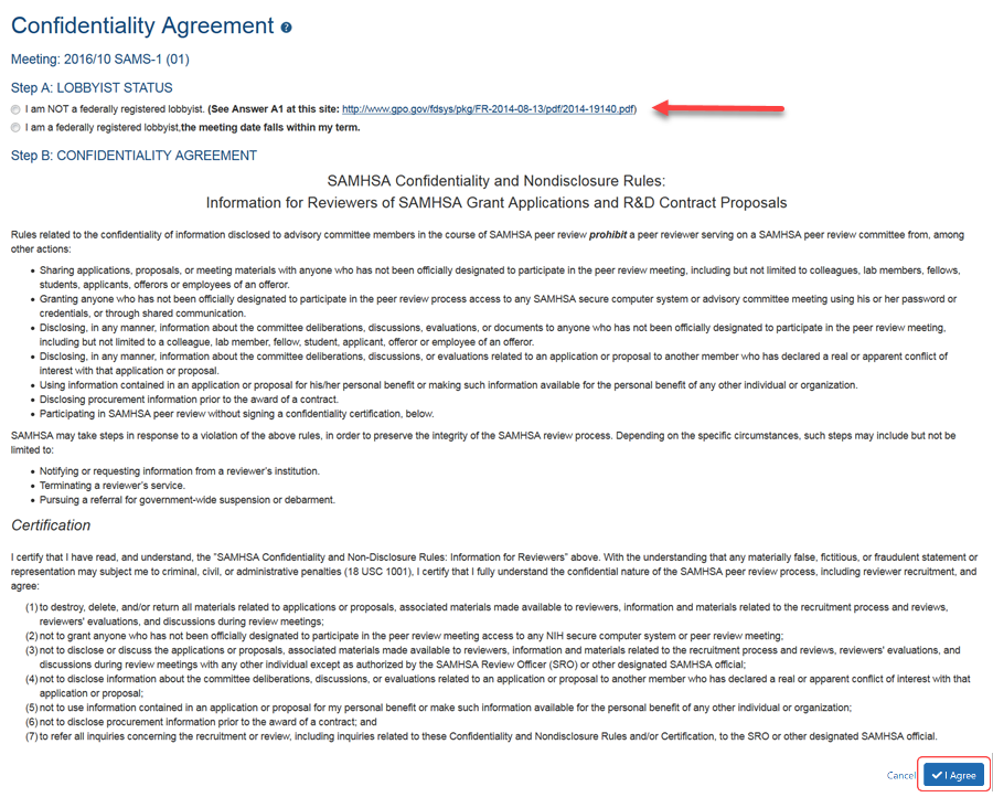 SAMHSA Condifentiality Agreement showing the "not a lobbyist" radio button is selected